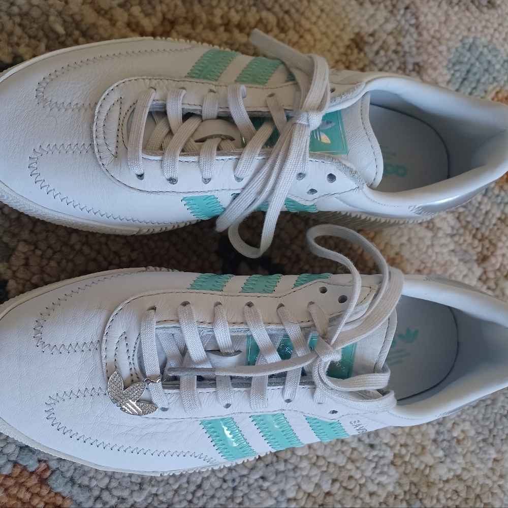 Adidas White and Mint Green Sambarose Sneakers